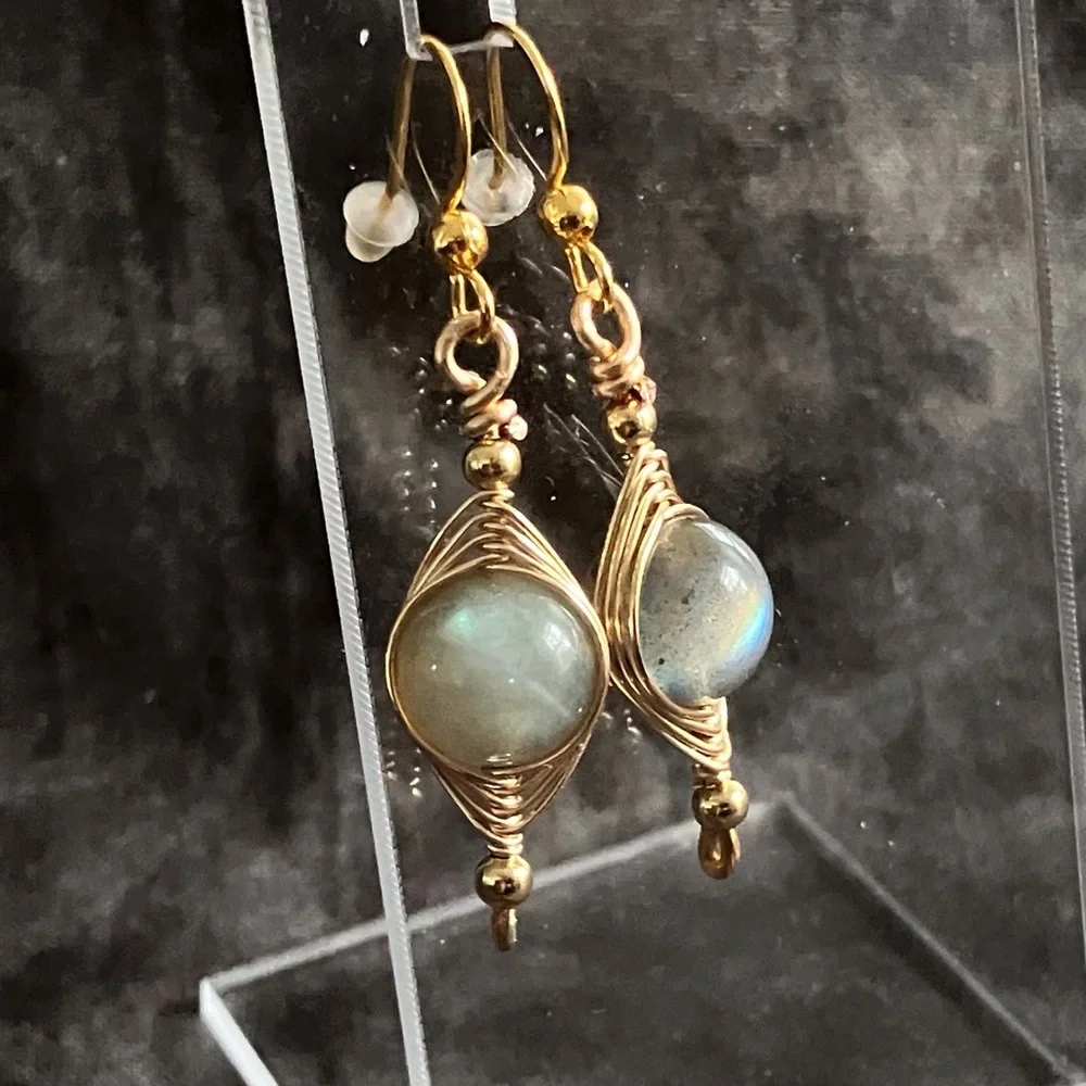 CLEAROUT π₯ Natural Labradorite Wire Wrapped Earrings - Gold Stainless Steel - Picture 2 of 9